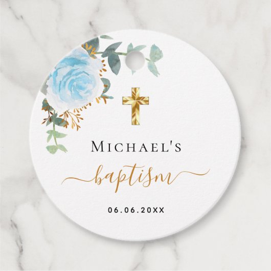 Baptisme eucalyptusblauw florale jongen bedankjes labels (Voorkant)