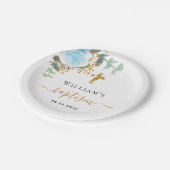 Baptisme eucalyptusblauw florale jongen papieren bordje (Gekanteld)