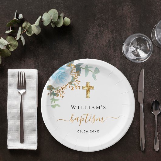 Baptisme eucalyptusblauw florale jongen papieren bordje