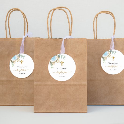 Baptisme eucalyptusblauw florale jongen ronde sticker