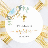 Baptisme eucalyptusblauw florale jongen ronde sticker