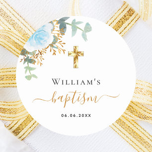 Baptisme eucalyptusblauw florale jongen ronde sticker