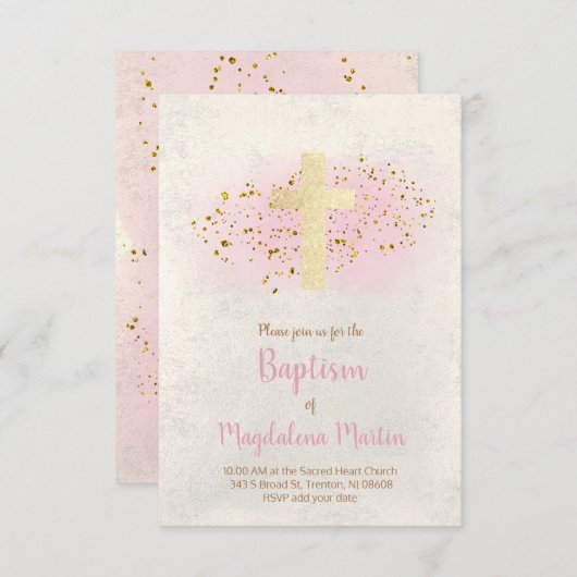 Baptisme | FAUX-glitter en roze waterverf Kaart (Voorkant / Achterkant)