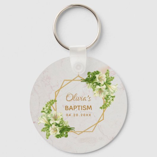 Baptisme Floral Geometric White Lilies Gold Marble Sleutelhanger (Voorkant)
