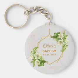 Baptisme Floral Geometric White Lilies Gold Marble Sleutelhanger