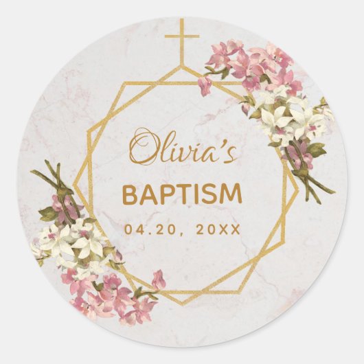 Baptisme Floral Gold Pink Orchids Marble Geometric Ronde Sticker (Voorkant)