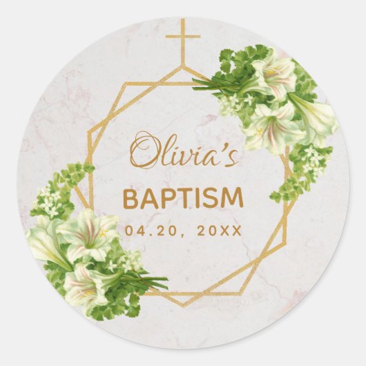 Baptisme Floral Gold White Lilies Marble Geometric Ronde Sticker (Voorkant)