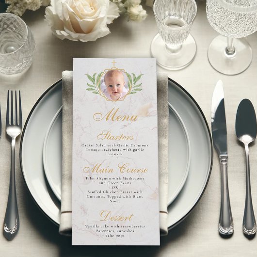 Baptisme Foto botanische goudkleurige bladolievloe Menu