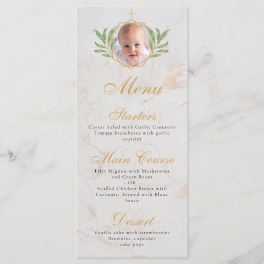 Baptisme Foto botanische goudkleurige bladolievloe Menu (Voorkant)