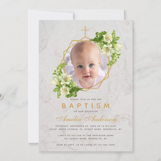 Baptisme Foto Floral Geometric White Lilies Marble Kaart (Voorkant)