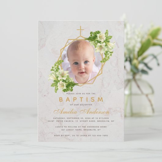 Baptisme Foto Floral Geometric White Lilies Marble Kaart (Staand voorkant)