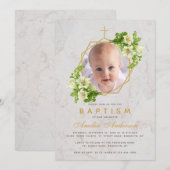 Baptisme Foto Floral Geometric White Lilies Marble Kaart (Voorkant / Achterkant)
