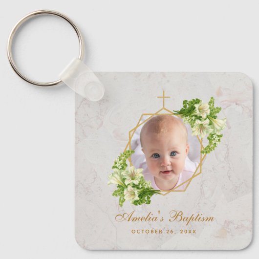 Baptisme Foto Floral Geometric White Lilies Marble Sleutelhanger (Voorkant)