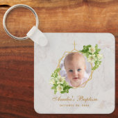 Baptisme Foto Floral Geometric White Lilies Marble Sleutelhanger (Voorkant)