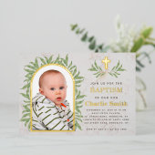 Baptisme Foto Greenery Gold Arch Green Leaves Folie Uitnodiging (Staand Voorkant)