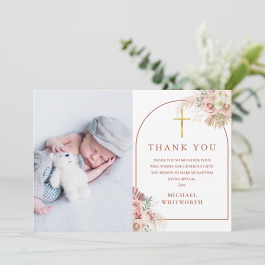 Baptisme Foto Pampas Grass Arch Bedankkaart (Staand voorkant)