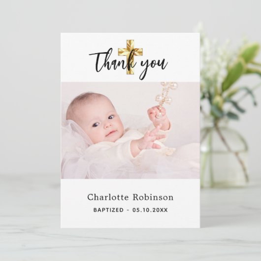 Baptisme foto wit eenvoudig manuscript dank u kaar kaart (Staand voorkant)