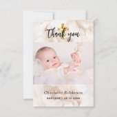 Baptisme fotomeisje, meisje met witte florale baby bedankkaart (Voorkant)