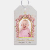 Baptisme Girl Foto marmer Gold Arch roze orchideeë Cadeaulabel (Voorkant)