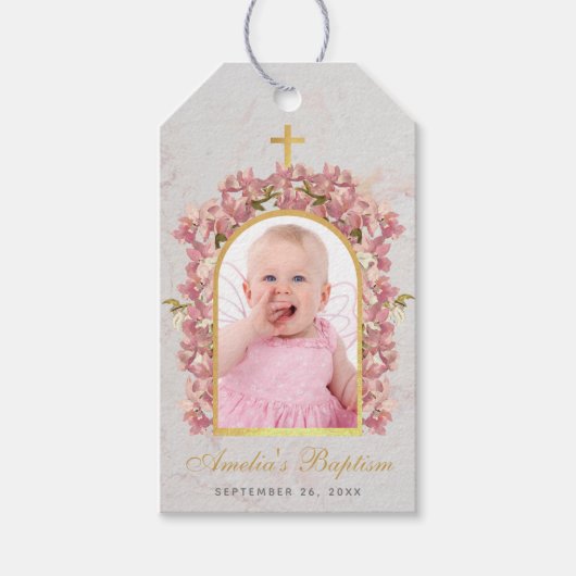 Baptisme Girl Foto marmer Gold Arch roze orchideeë Cadeaulabel (Voorkant)