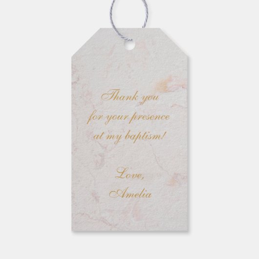 Baptisme Girl Foto marmer Gold Arch roze orchideeë Cadeaulabel (Achterkant)