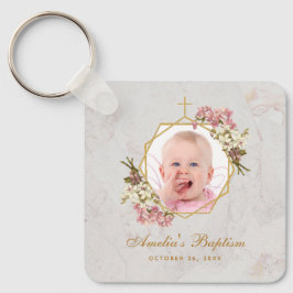 Baptisme Girl Foto roze orchideeën Floral Gold Mar Sleutelhanger