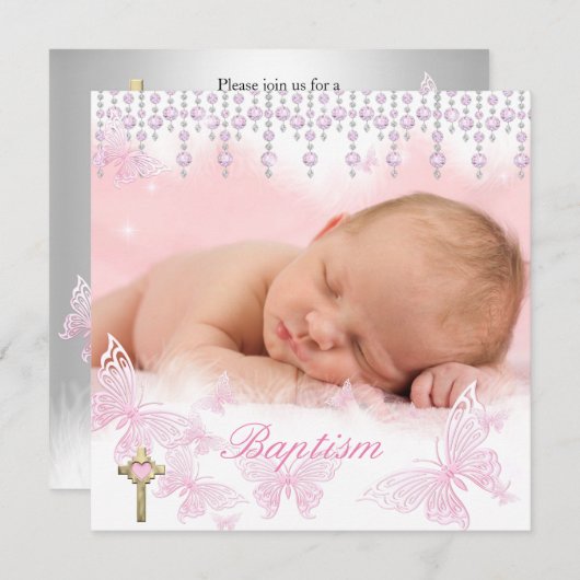 Baptisme Girl Pink Silver Butterfly Cross Kaart (Voorkant / Achterkant)