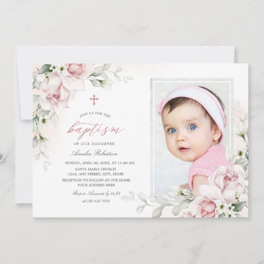 Baptisme Girls | Fotoroze Waterverf uitnodiging (Voorkant)