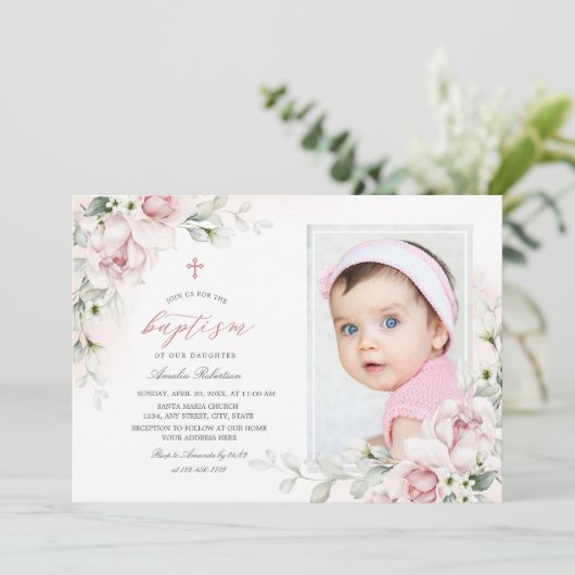 Baptisme Girls | Fotoroze Waterverf uitnodiging (Staand voorkant)