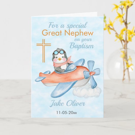 Baptisme Great Nephew Penguin Airplane Kaart (Gele Bloem)