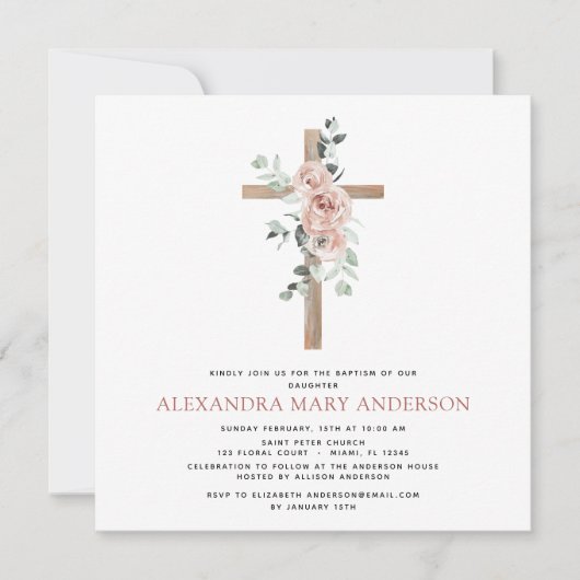 Baptisme Greenery Dusty Pink Rose Cross Christelij Kaart (Voorkant)