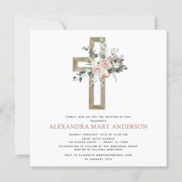 Baptisme Greenery Dusty Pink Rose Cross Kaart