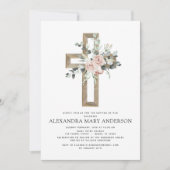 Baptisme Greenery Dusty Pink Rose Cross Uitnodigin Kaart (Voorkant)