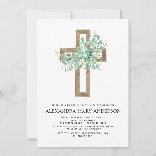 Baptisme Greenery Sage Eucalyptus Gold Cross Kaart (Voorkant)