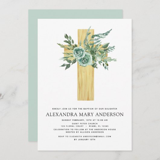 Baptisme Greenery Sage Eucalyptus Wooden Cross Kaart (Voorkant / Achterkant)