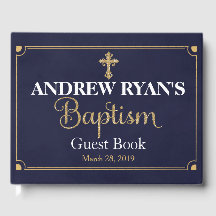 Baptisme Guest Book, Navy & Gold Boy