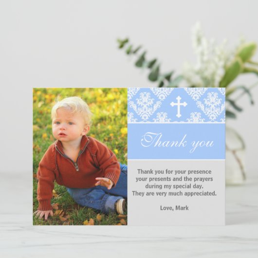 Baptisme Hartelijk dank Aangepaste fotokaart Blauw Bedankkaart (Staand voorkant)