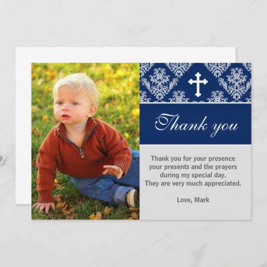 Baptisme Hartelijk dank Aangepaste fotokaart Navy  Bedankkaart (Voorkant / Achterkant)
