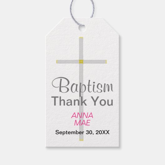 Baptisme Hartelijk dank Silver Cross-roze naam Cadeaulabel (Voorkant)