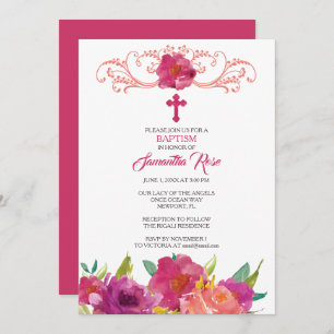 BAPTISME INVITATIE, meisje, roze rozen Kaart