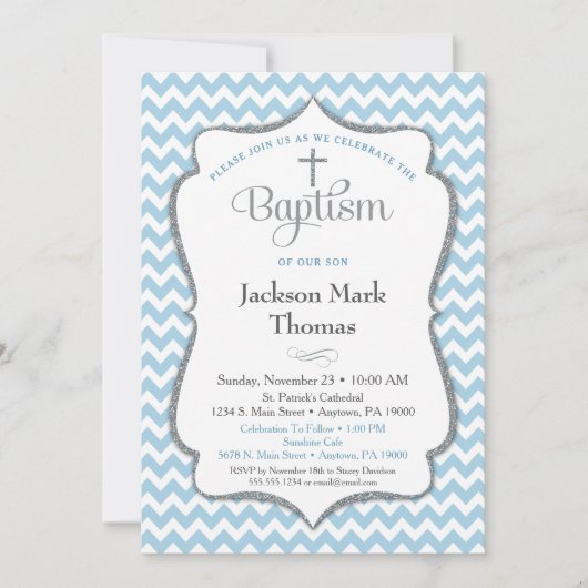 Baptisme Invitation Boys Blue Gray Chevron Elegant Kaart (Voorkant)
