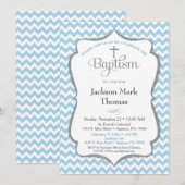Baptisme Invitation Boys Blue Gray Chevron Elegant Kaart (Voorkant / Achterkant)