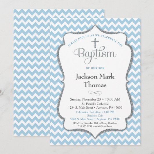Baptisme Invitation Boys Blue Gray Chevron Elegant Kaart (Voorkant / Achterkant)