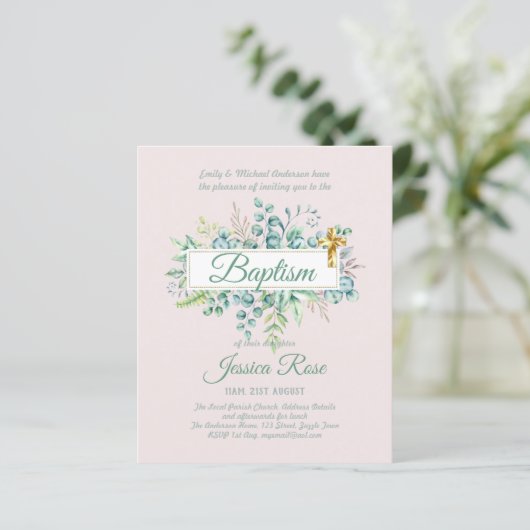 Baptisme Invitation Eucalyptus Greenery BUDGET (Staand voorkant)