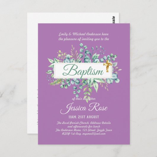 Baptisme Invitation Eucalyptus Greenery BUDGET Briefkaart (Voorkant / Achterkant)