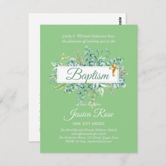 Baptisme Invitation Eucalyptus Greenery BUDGET Briefkaart (Voorkant / Achterkant)