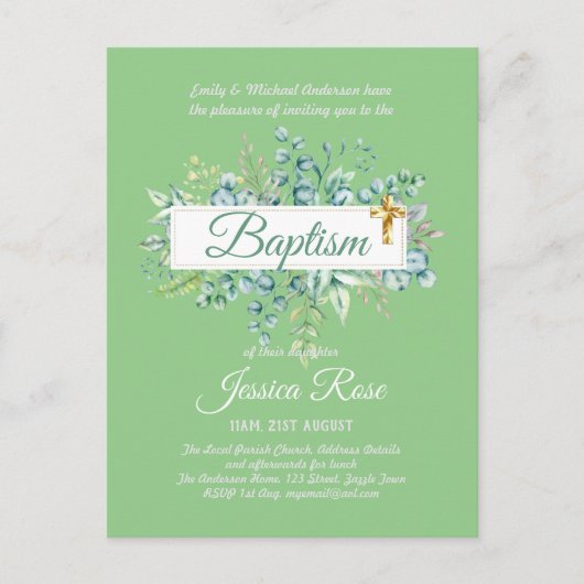 Baptisme Invitation Eucalyptus Greenery BUDGET Briefkaart (Voorkant)