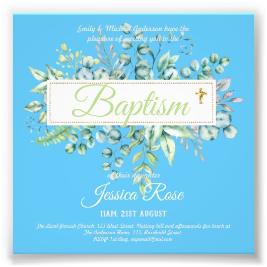 Baptisme Invitation Eucalyptus Greenery BUDGET Foto Afdruk (Voorkant)