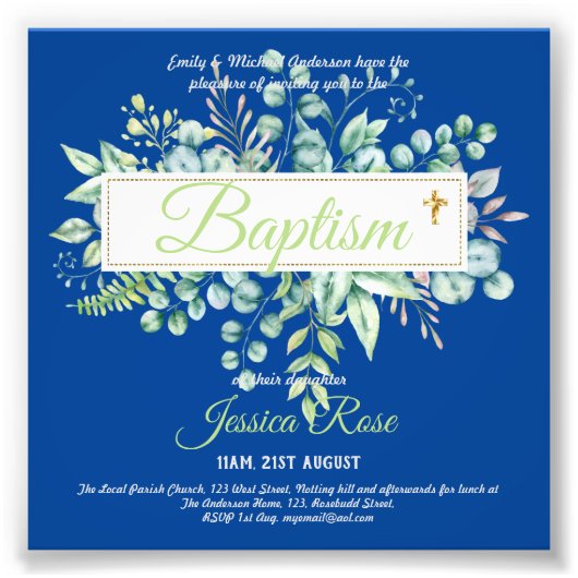 Baptisme Invitation Eucalyptus Greenery BUDGET Foto Afdruk (Voorkant)