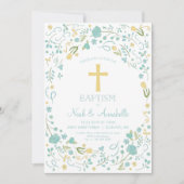 Baptisme Invitation - Gender Neutral Cross, Flower Kaart (Voorkant)